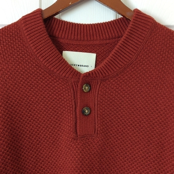 Lucky Brand Cloud Soft Cashmere Blend Classic Knit Henley Sweater Terra Cotta L - Picture 2 of 12